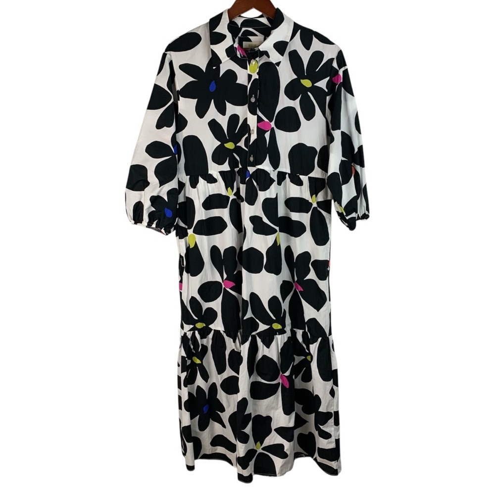 Anthropologie Maeve Bettina Tiered Collared Shirt Dress Black Floral Size Small